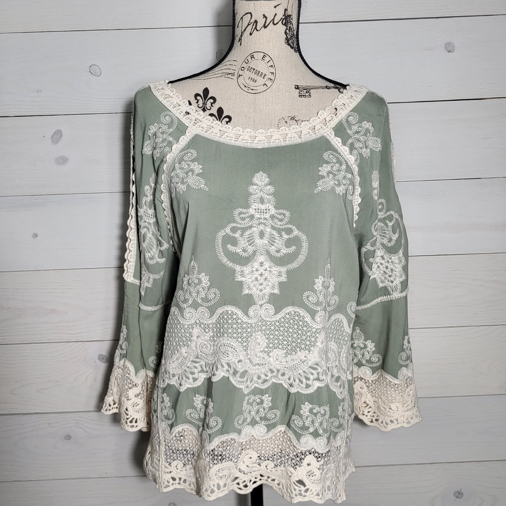 Democracy Embroidered Top Crochet Lace BOHO Cottagecore Coastal Sage Green